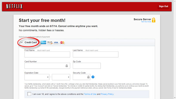 Página de pago de Netflix con Getflix