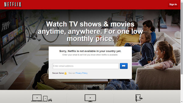 La página de inicio de Netflix cuando no está disponible